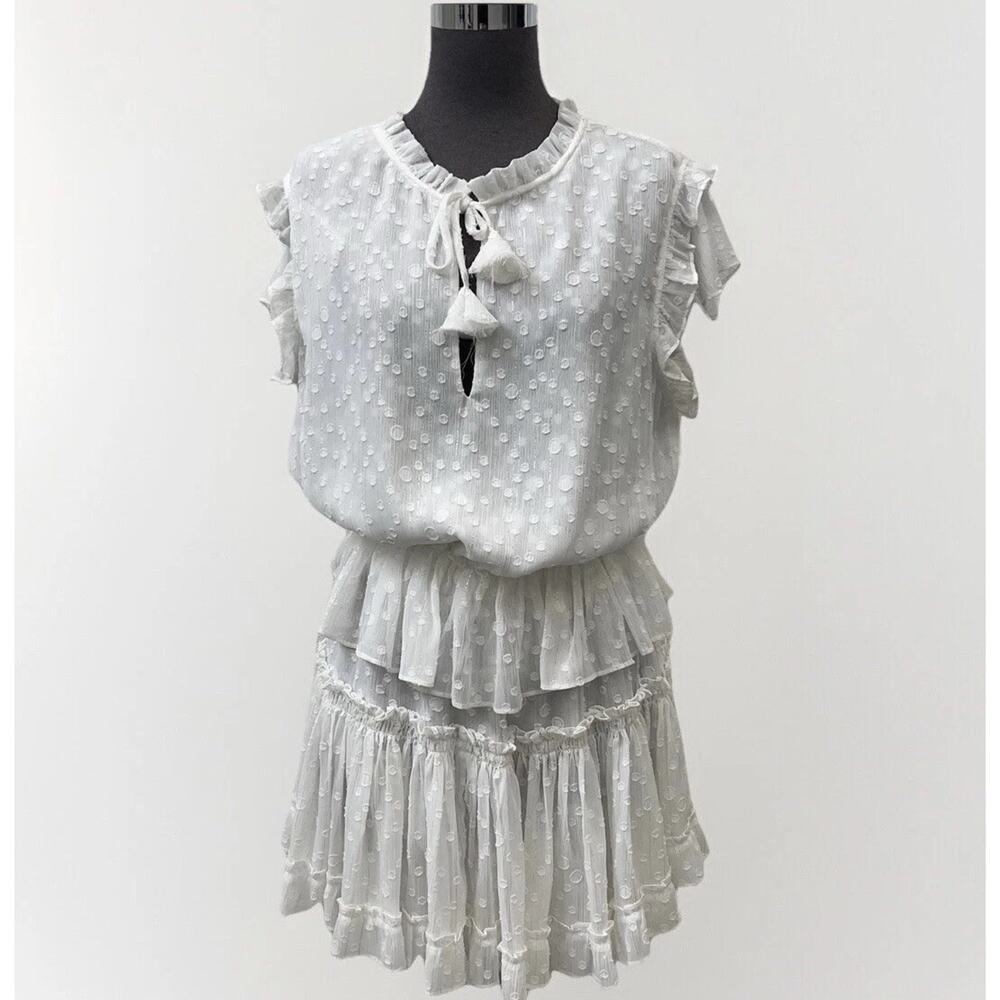 Misa Los Angeles Lilian Dress Womens Medium White Clip Dot Mini Ruffle Silver